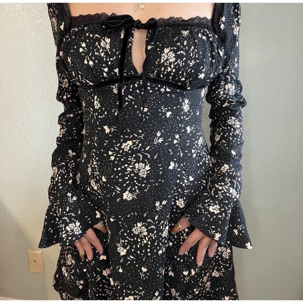 Free People Tess Mini Dress XL Black Long Sleeve Bell Milk Maid Velvet Trim Goth